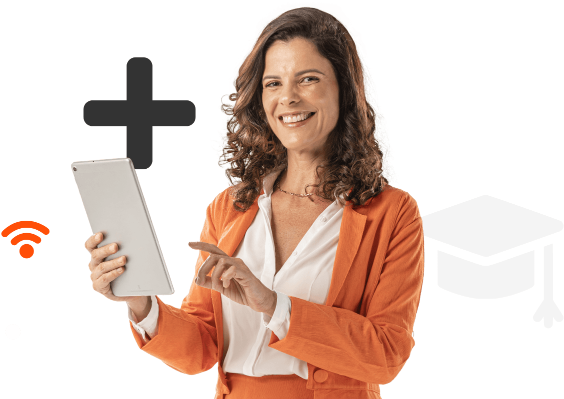 Mulher sorrindo com um tablet na mão e ilustrações ao redor, representando nossas soluções