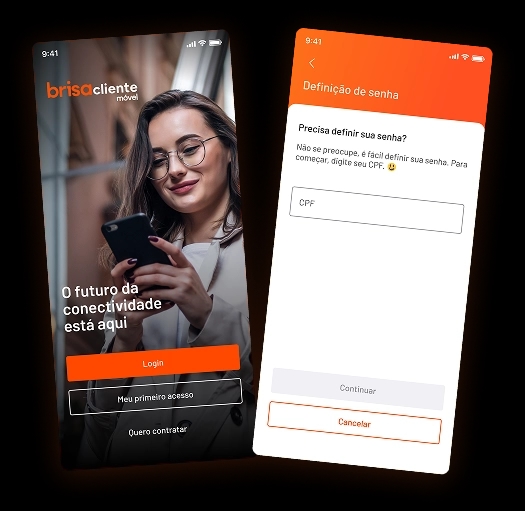 Duas imagens do aplicativo Brisacliente Móvel, uma representa onde os clientes podem fazer login ou ter seu primeiro acesso e outra  da tela de definição de senha, com o campo para inserir o CPF.