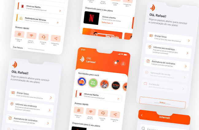 Mosaico com imagens de telas do aplicativo Brisacliente fibra, mostrando suas opções e informações para os clientes fibra da Brisanet