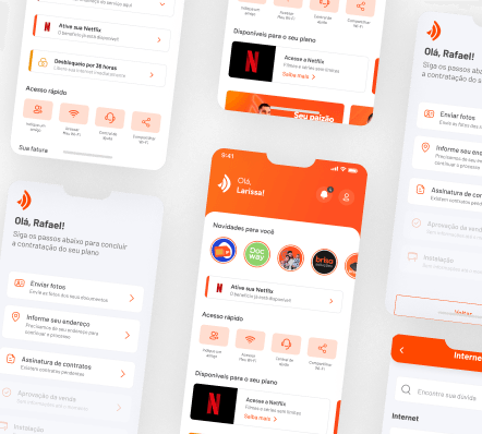 Mosaico com imagens de telas do aplicativo Brisacliente fibra, mostrando suas opções e informações para os clientes fibra da Brisanet
