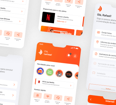 Mosaico com imagens de telas do aplicativo Brisacliente fibra, mostrando suas opções e informações para os clientes fibra da Brisanet