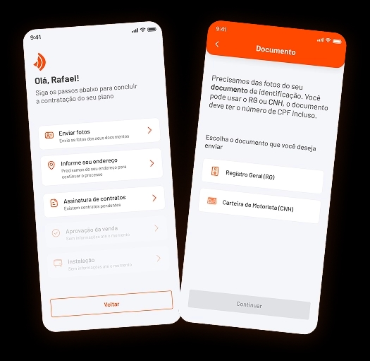 Telas do processo de validação de contratação do Aplicativo Brisacliente fibra, mostrando os passos para concluir o cadastro do plano e o envio de documentos.