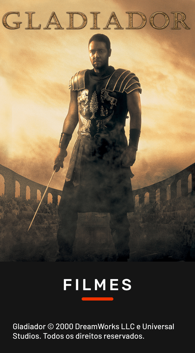 Capa do filme GLADIADOR: PERSONAGEM COM UMA ARMADURA ANTIGA E ATRÁS UMA PAISAGEM DA ROMA.