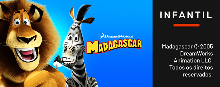 Capa do filme MADAGASCAR: UMA ANIMAÇÃO COM UM LEÃO E UMA ZEBRA NA CAPA.