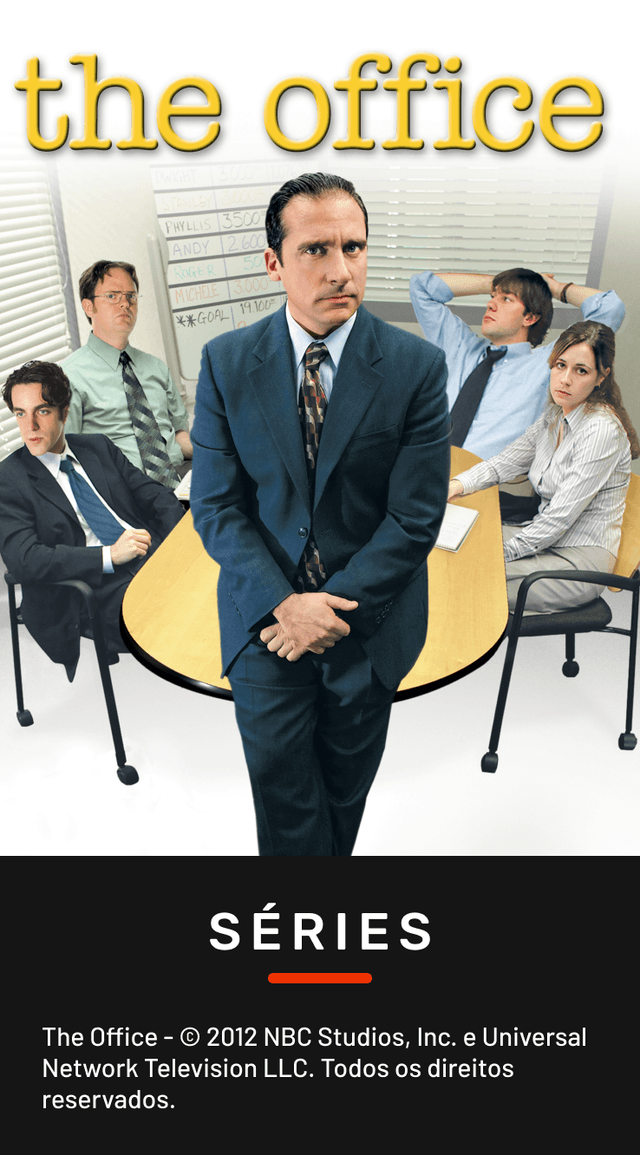 Capa da série THE OFFICE, UMA COMÉDIA ACLAMADA, APRESENTANDO QUATRO PERSONAGENS DE TERNO EM VOLTA DE UMA MESA.