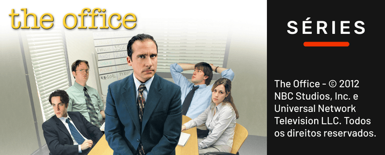 Capa da série THE OFFICE, UMA COMÉDIA ACLAMADA, APRESENTANDO QUATRO PERSONAGENS DE TERNO EM VOLTA DE UMA MESA.